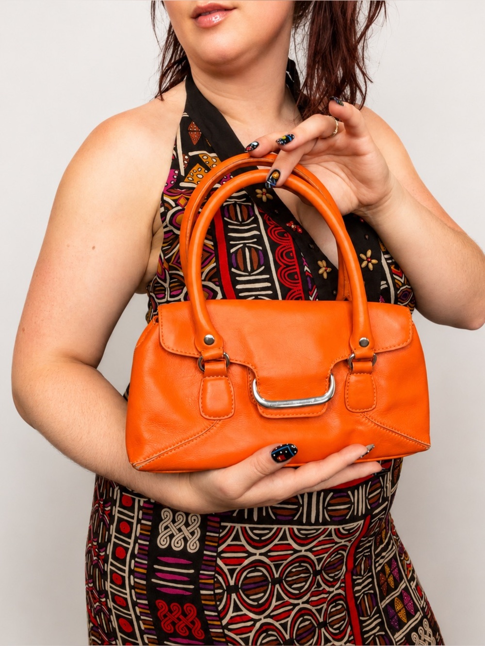 Y2K Orange Genuine Leather Bowler Satchel Crossbody Handbag Mini Purse Dopamine
